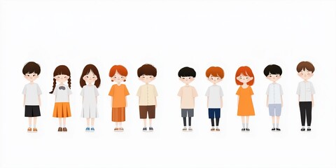 Fototapeta premium A group of children are standing in a line, with some wearing orange shirts. The image has a cheerful and playful mood, as the children are depicted as cute and friendly