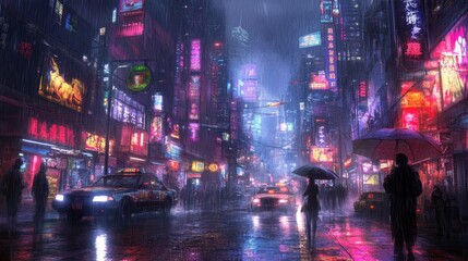 Fototapeta premium Neon-Lit City Under Heavy Rainfall - Futuristic Urban Nightscape