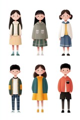 A group of cartoon characters are wearing different types of clothing. The characters are smiling and appear to be happy