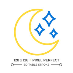 Obraz premium Moon two color line icon. Crescent moon accompanied by sparkling stars. Symbol of nighttime and calmness bicolor outline symbol. Duotone linear pictogram. Isolated illustration. Editable stroke