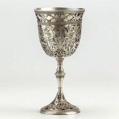 An ornate silver chalice featuring intricate floral patterns and a sturdy stem, perfect for ceremonial uses or as a decorative piece.