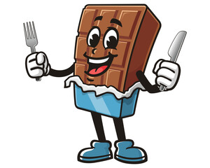 Chocolate Bar with fork and knife,  Cartoon Character Mascot Illustration Vector Clip-art Hand-drawn Logo Design