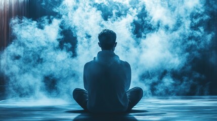 Obraz premium Man Meditating in a Smoky Room: Finding Inner Peace Amidst the Haze