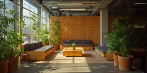 Fototapeta premium Sunlit seating area with bamboo furniture and vibrant indoor plants