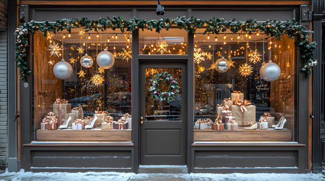Chic holiday window display featuring elegant shoes, festive decorations, and sparkling lights, creating warm and inviting atmosphere in stylish city setting