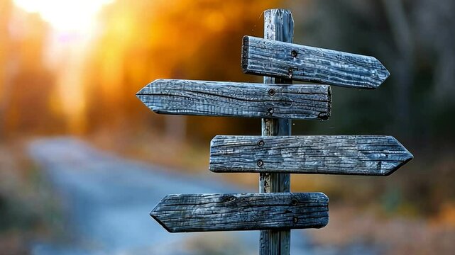 A rustic wooden signpost pointing in multiple directions along a tranquil country road, illuminated by soft afternoon light.