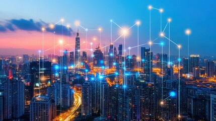 Obraz premium Futuristic Cityscape of Illuminated Skyscrapers and Interconnected Lights