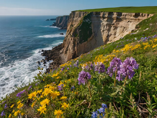 A coastal cliff with sprawling wildflowers in spring, where the land meets the sea with a burst of color and life.