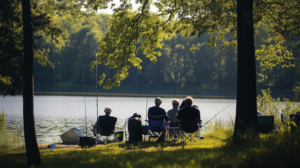 Four friends enjoy fishing by a serene lake in the early evening light