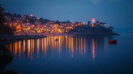 Fototapeta premium Scenic Coastal Town Illuminated by Fireworks and Decorative Lights for New Year's Celebrations