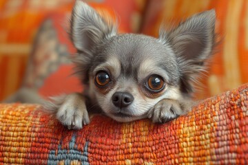 Adorable grey chihuahua puppy resting on an orange patterned cushion, looking at the camera.