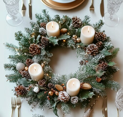 Christmas wreath with four burning candles on dinner table , top. Fourth Advent