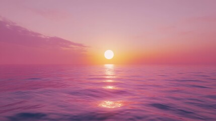 Calm ocean sunset with orange and pink hues reflecting on water, peaceful and serene atmosphere, concept of tranquility and nature's beauty.