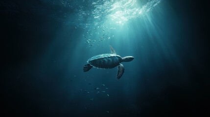Fototapeta premium sea turtle swimming underwater, illuminated by soft light from above, surrounded by small fish, realistic details, tranquil ocean scene