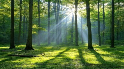 Fototapeta premium Alpine forest with soft sunlight filtering through trees, vibrant greens, calm and serene, lush and dense, sense of peace, beautiful woodland, nature sanctuary.