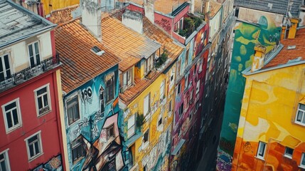 cityscape with colorful graffiti on buildings, high-angle view, vibrant and detailed, bright urban scene