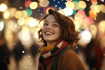 Close-up of a happy person walking through a lively city at night, surrounded by colorful Christmas lights, snowflakes, and festive decorations.
