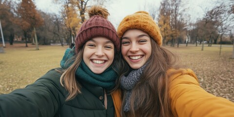 Obraz premium Two women wearing hats and scarves are smiling for the camera. Scene is happy and cheerful