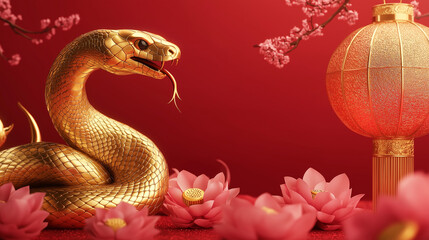 Fototapeta premium Opulent Festivities Golden Snake Amidst Flowers and Lantern Glow