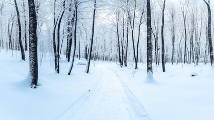 Obraz premium Snow-covered forest with tall, leafless trees and a narrow trail winding through a winter landscape under a clear sky.