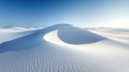 soft white sand dunes under clear sky, gentle curves and shadows, peaceful daytime atmosphere, isolated and serene, natural beauty, warm sunlight, digital desert scene
