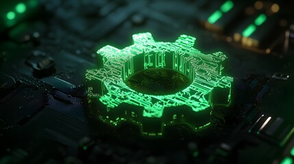 Green configure technology concept with cog symbol as a neon light, glowing icon with circuit board patterns on it, set against a black background