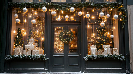 Obraz premium chic holiday window display featuring elegant decorations, glowing lights, and beautifully wrapped gifts creates festive atmosphere in stylish city