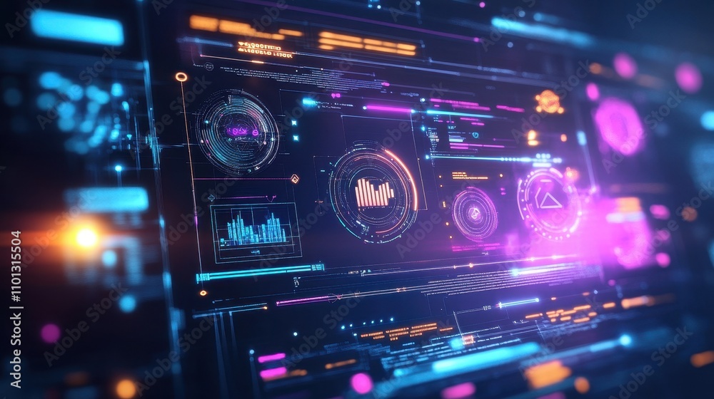 Poster futuristic digital interface displaying data analytics and visualizations.