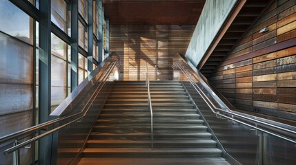 Obraz premium photograph of Modern stairs with Stainless steel handrail