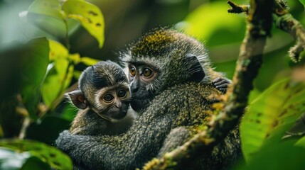 Fototapeta premium photograph of mother and baby monkey in lush jungle setting emphasizing tender moment and natural habitat with vibrant foliage