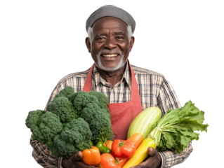 An Elderly African Man Proudly Displays His Vibrant Rooftop Vegetable Garden, Celebrating Urban Gardening and Nature Amidst a Bustling Cityscape.