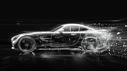Futuristic sports car, wireframe design, motion blur, digital.