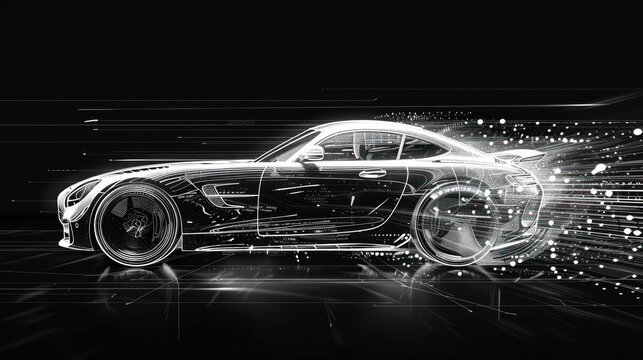 Futuristic sports car, wireframe design, motion blur, digital.