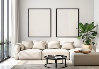 Modern living room interior with a beige sofa. a coffee table and two blank poster frames