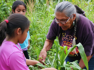 Elder Educates Urban Youth on the Sustainable Three Sisters Planting Method, Fostering Cultural Heritage and Teamwork Through Hands-On Farming Experience with Corn, Beans, and Squash.
