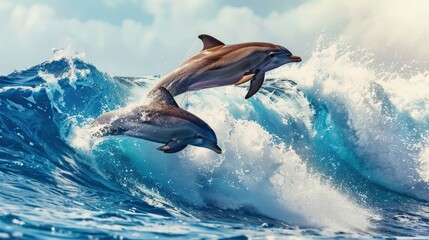 Obraz premium photograph of Playful dolphins jumping over breaking waves. Hawaii Pacific Ocean wildlife scenery. Marine animals in natural habitat.