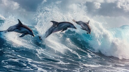 photograph of Playful dolphins jumping over breaking waves. Hawaii Pacific Ocean wildlife scenery. Marine animals in natural habitat.