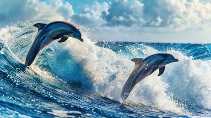 photograph of Playful dolphins jumping over breaking waves. Hawaii Pacific Ocean wildlife scenery. Marine animals in natural habitat.