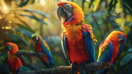 Vibrant macaws perched on a branch in lush foliage.