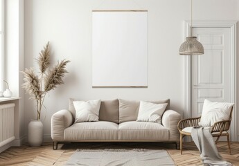 Minimalist living room interior design with a beige sofa. two armchairs. a coffee table. a rug. two pampas grasses in vases. a poster frame. and a window