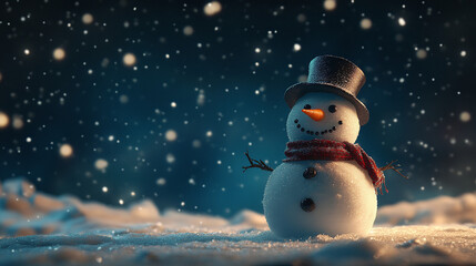Cute cartoon snowman on snow against dark background during snowfall