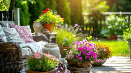 Fototapeta premium photograph of Relaxing area in cozy home garden on summer./ Beauty and relaxing garden with flower pot decoration in cozy home flower garden on summer.