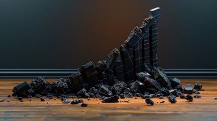 Crumbling black graph on wooden floor.