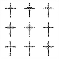 Fototapeta premium Christian cross vector icon symbols. Abstract christian religious belief or faith art illustration for orthodox or catholic design. The symbol of the cross in various designs used in tattoo.