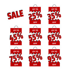 Sticker set sale. Discount percentage sticker. Price tag torn bag. Up to percent off. Red labels discount percentage. Isolated on white background