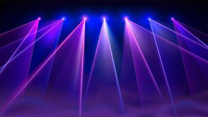 Laser light show. Bright led laser beams, dj light party, smoke. Illuminated blue pink stage, led strobe lights. Background, backdrop for displaying products. Vector illustration