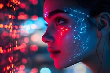 A young woman's face is illuminated by red and blue neon lights, with digital facial capture technology glowing on her skin, creating an otherworldly atmosphere