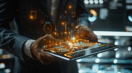 Businessman using a tablet with futuristic digital interface.