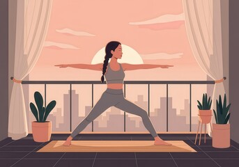 Fototapeta premium Asian female practicing yoga on balcony at sunrise with city skyline