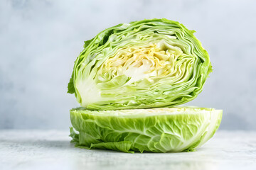Fototapeta premium Chinese cabbage cut in half, showing crisp layers, softly blurred pastel background tones